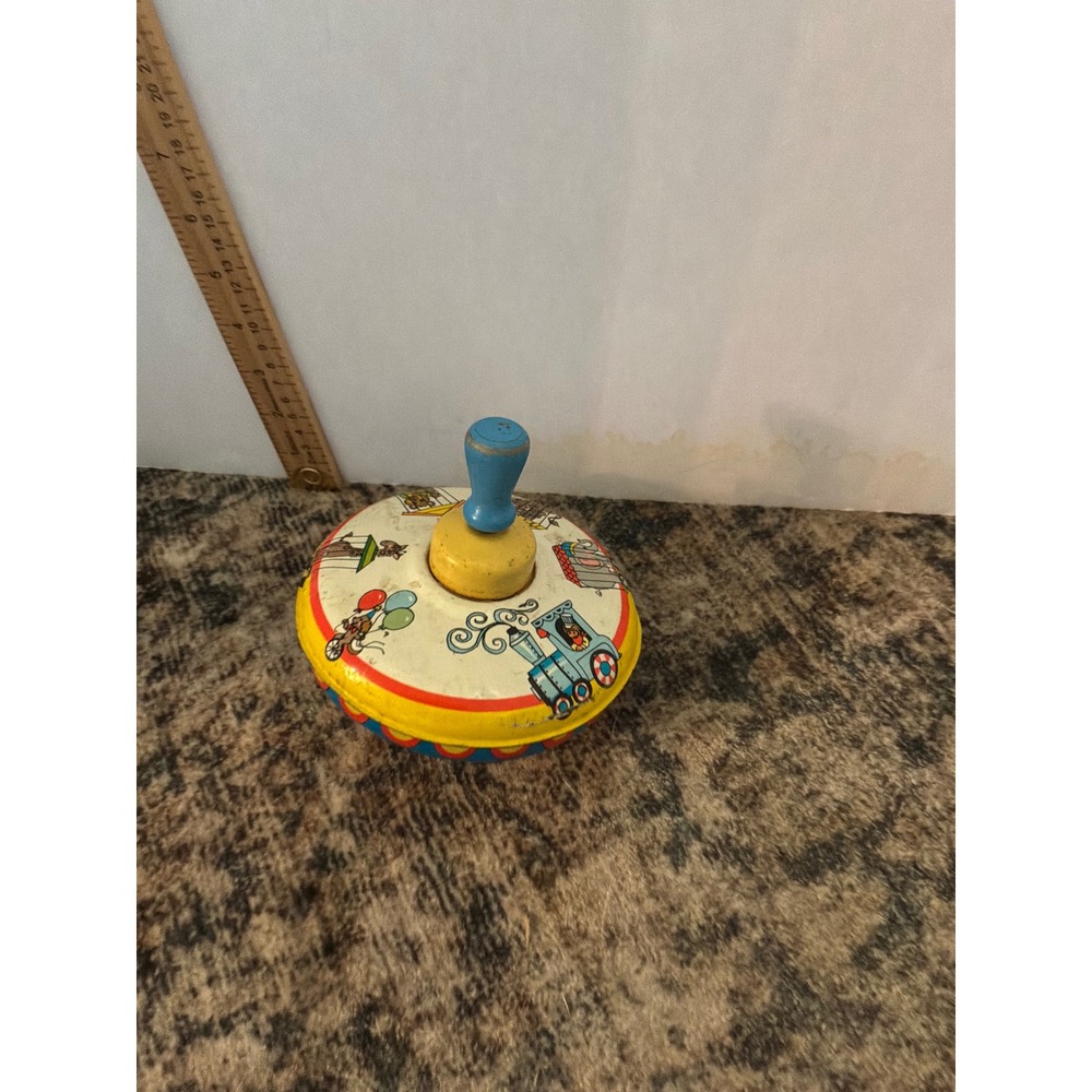 Vintage Circus Core Kids Unbranded Tin Litho Spinning Top 7in Yellow Multi